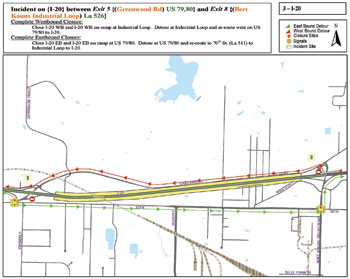A color map shows a sample alternate route plan. The main Interstate cuts across the page from right-to-left and is outlined in yellow. A diverted route that mostly runs parallel is marked off with red flags. A text box at the top of the map explains the closures and detours for both westbound and eastbound traffic.