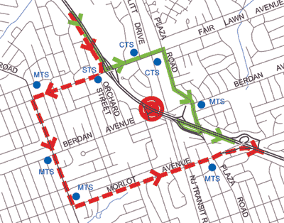A color map depicts an alternate route through an urban setting while specifying which jurisdictional branch is responsible for each traffic signal. The traffic signals are each marked either CTS for county traffic signal, STS for State traffic signal, or MTS for municipal traffic signal. The streets are drawn in black and white while the alternate routes are outlined separately in red and green.
