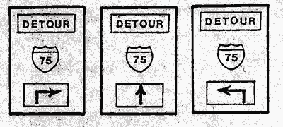 Drawings of three trailblazer signs are shown in black and white. Each sign has an Interstate sign and a detour sign accompanied by a directional arrow.