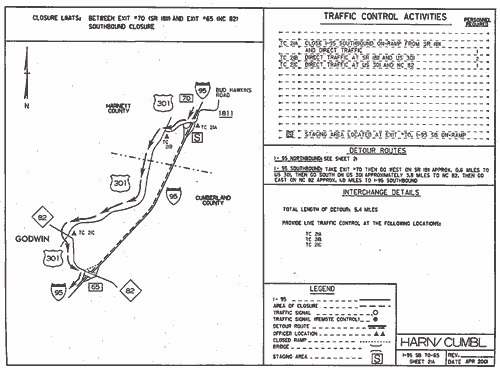 A black and white map drawing depicts the alternate route plan in a rural area. The map features the main route as well as the alternate route, and a legend offering map details and alternate plan details also is visible.