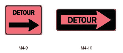 This is a diagram of two traffic signs. Both are rectangular, and the one on the left is pink with black lettering, with an arrow pointing right and the word “Detour” above the arrow. A notation below this sign reads “M4-9.” The right sign is black with an pink arrow in the middle, pointing right. Superimposed over the arrow in black lettering is the word “Detour.” The notation below this sign reads “M4-10.”