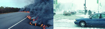 Two photographs of flaming lava flow moving across a road and snow storm in urban area