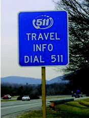 Photograph of blue highway sign reading 'Travel Info, Dial 511'