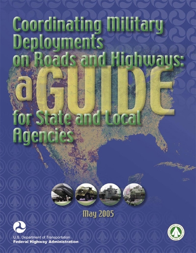 guidebook cover showing U.S. map; photos of a plane, truck, ship, and rail car; and logos of Federal Highway Administration and the Military Surface Deployment and Distribution Command