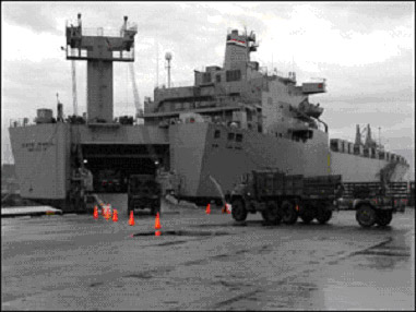 photo of a truck being loaded onto a military sealift command ship