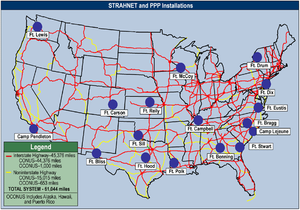 map of continental United States showing power projection platform military installations and the Strategic Highway Network