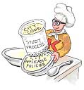 drawing of a chef holding a sifter labeled "study process" containing flour labeled "city code" dusting a pie labeled "applicable policies"
