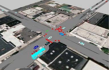 aerial view of an intersection near a bus pullout area within the VISSIM micro-simulation environment. The figure represents a graphical snapshot of the animation showing vehicle movements at the intersection and a bus stopped nearby at the pullout for boarding and alighting.