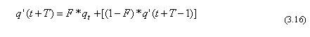 Equation 3.16. Predicted flow rate in time interval t plus T, or q' times the sum of t plus T, equals F times q sub t plus the total of the difference of 1 minus F times the product q' times the sum of t plus T minus 1.