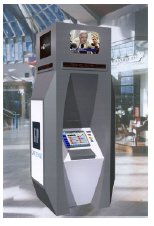 Artistic rendering of a traveler information kiosk with a built in touchpad and monitors in a public shopping area.