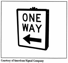 Black and white graphic rendering of an illuminated One Way sign.