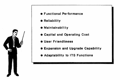 Image of a chart containing a bullet list. Elements of list include: functional performance, reliability, maintainability, captial and operating cost, user friendliness, expansion and upgrade capability, and adaptability to ITS functions.