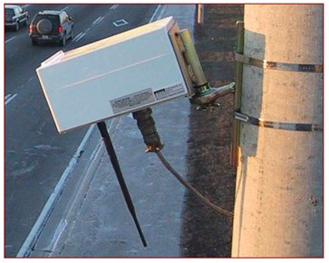 Photograph of a radar detector mounted on a pole overlooking traffic.