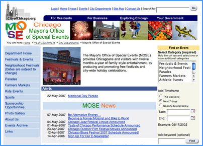 Screen shot of the City of Chicago Website providing traffic impacting events