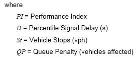 where PI = Performance Index D = Percentile Signal Delay (s) St = Vehicle Stops (vph) QP = Queue Penalty (vehicles affected)