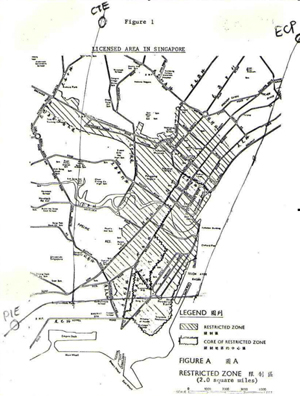 Exhibit 1A - diagram - The restricted priced zone covered by the Area Licensing Scheme (ALS) in Singapore CBD is shown by the hatched area. Daily/ monthly priced permits were required to enter the restricted zone during 1975-1998.