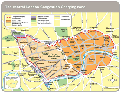 Exhibit 2 - diagram - The Central London Congestion Charging zones are shown by shaded areas.