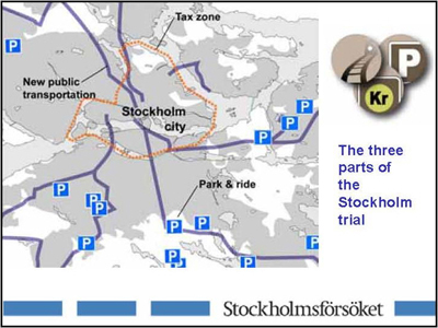 Exhibit 3a - diagram - The central Congestion Tax zone is shown as "Stockholm City" within the larger Stockholm County area. The exhibit also shows the expanded transit routes and park-and-ride facilities set up along with the pricing program.