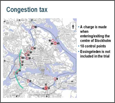 Exhibit 3b - diagram - The Stockholm Central City Congestion Tax zone is shown with the 18 control points where vehicles entering/exiting the center of Stockholm are charged.
