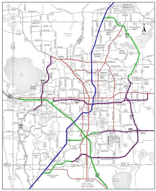 A map of Orlando with the following iFlorida roads highlighted: I-4, the Florida Turnpike, SR 408, SR 417, SR 429, SR 528, US 192, US 441, John Young Parkway, SR 50, SR 436, Lee Road, Maitland Boulevard, and US 17/92.