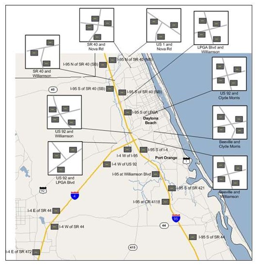 Map that highlights the locations of dynamic message signs near the Daytona International Speedway.