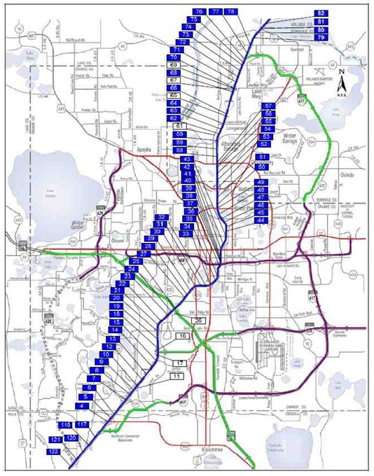 A map of Orlando showing the location of more than 80 SMIS traffic monitoring stations on I-4.