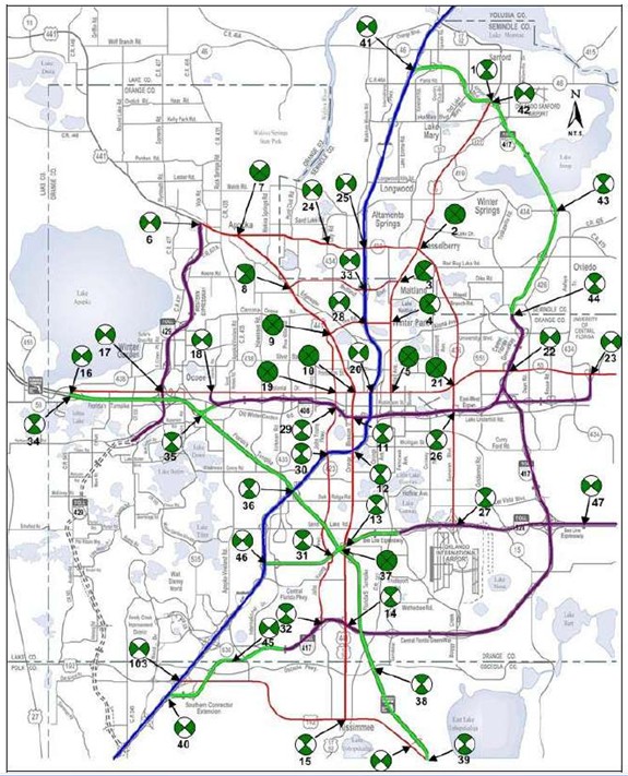 A map of Orlando showing the 48 locations where iFlorida toll tag readers were deployed and the directions of travel monitored at each location.