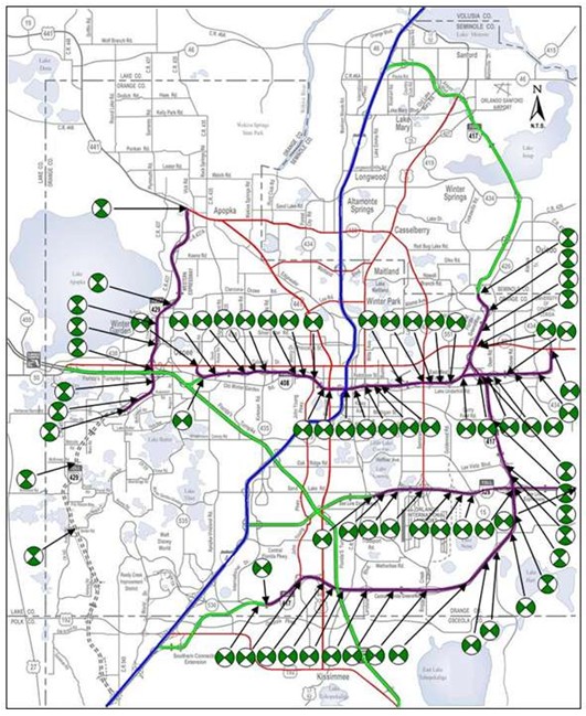 A map of Orlando showing the locations of toll tag readers deployed by OOCEA to measure travel times on OOCEA toll roads.