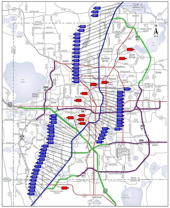 A map of Orlando showing the locations of FDOT traffic monitoring cameras, including about 60 cameras on I-4 and 11 at arterial intersections.