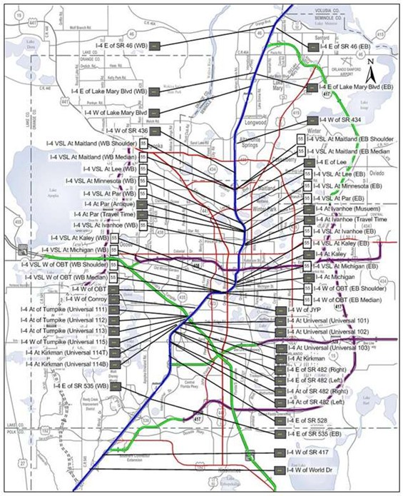 A map of Orlando showing the locations of FDOT message signs, including 35 DMSs and 18 VSL locations, all along I-4.