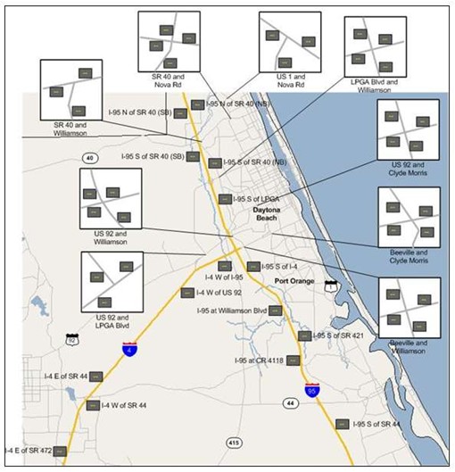 A map of the Daytona Beach area showing the location of nine intersections where arterial trailblazer signs were deployed.