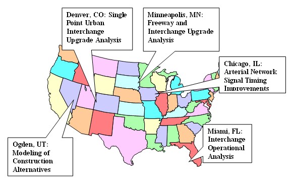 Image includes a map of the United States with the continental states outlined. The locations and the technical solutions adopted by each, which are addressed in this study, are labeled on the map.