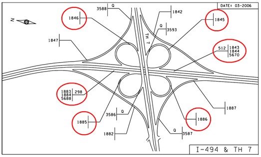 Diagram identifies where six of the seven detectors studied are located along the I-494 and TH-7 interchange.