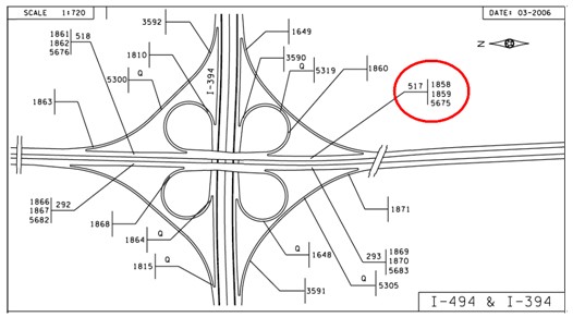 Diagram identifies where the seventh of the seven detectors studied are located along the I-494 and TH-7 interchange. The seventh detector is located at the I-494 westbound lanes.