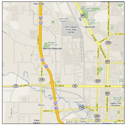 Road map showing the I-15 corridor in Ogden, UT.