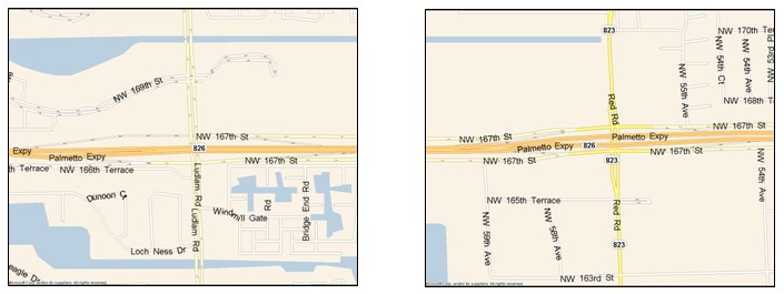 Two side-by-side maps. Map on left shows the SR 826/Palmetto Expressway at NW 67th and the map on the right shows the SR 826/Palmetto Expressway at NW 57th Avenue.