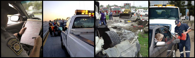 several photos showing traffic incidents, road assistance, and law enforcement