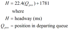 Equation 1: Headway in milliseconds equals 22.4 times the position in the departing queue plus 1781.