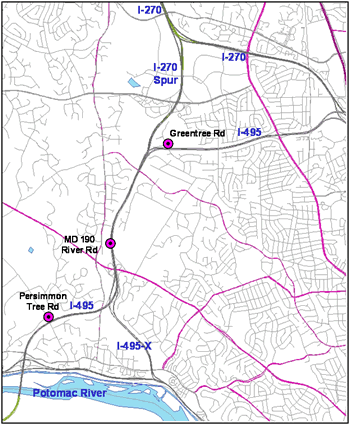 Map of general location of three detectors on I-495