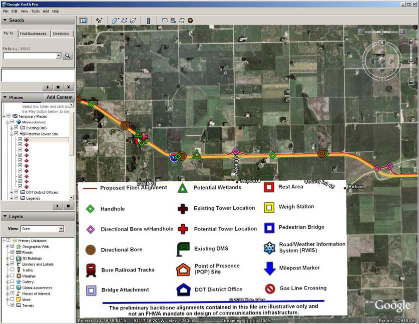 Figure 2-1 - screenshot - Example base map using Google Earth along I-90 corridor.