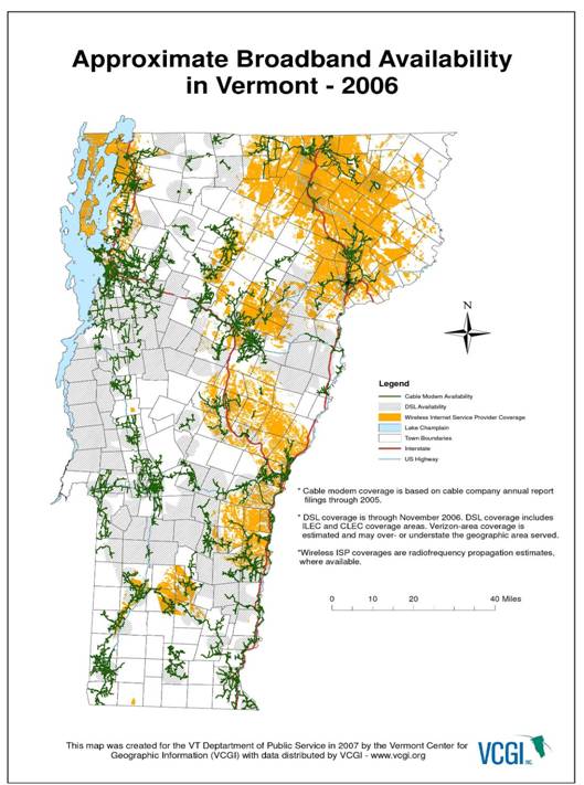 figure a-10 - graphic - graphic showing approximate broadband availability in Vermont in 2006.