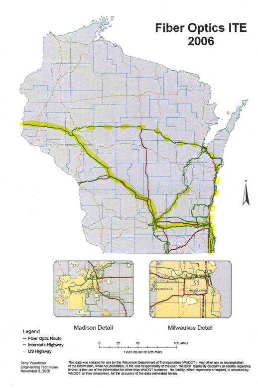figure a-6 - graphic - graphic showing Wisconsin's fiber optic cable installations in 2006.
