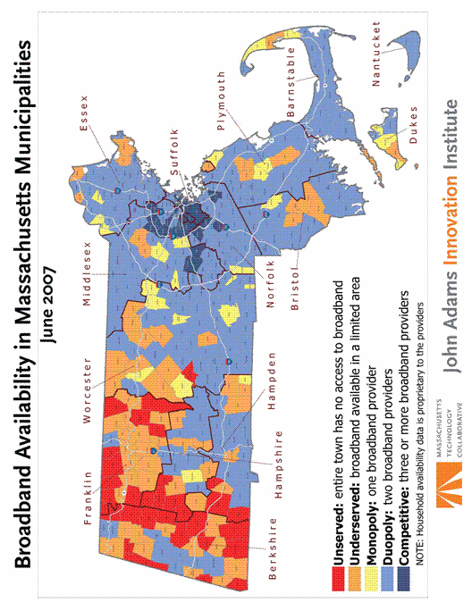 figure a-8 - graphic - graphic showing Broadband availability in Massachusetts municipalities in June 2007.