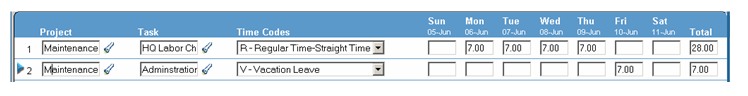 Screenshot of a section of a DOT timecard sheet showing project ID, task, and time codes as well as hours for each day worked during the period.