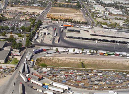 Aerial view showing truck queues.