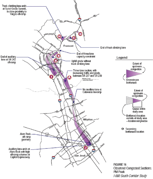 Figure 11 - map - This graphic presents bottlenecks identified on the I-680 south corridor between Freemont to San Jose during the PM peak period.