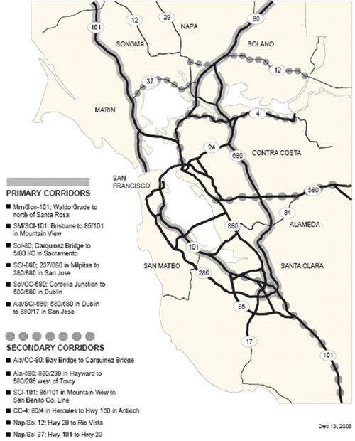 Figure 2 - map - The figure contains a map showing the Bay Area’s six primary Freeway Performance Initiative corridors highlighted with solid gray lines.