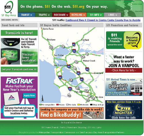 Figure 4 - screenshot - The screenshot shows real-time speeds on a map along the San Francisco region’s transportation system through the MTC 511 online system.