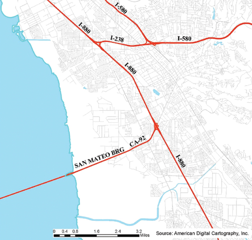 The map shows the Alameda County side of the San Mateo Bridge in the San Francisco Bay area