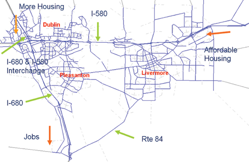 The figure shows the subarea highway model network including the cities of Dublin, Pleasanton, and Livermore.